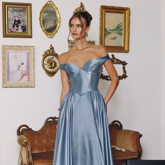 New LT Blue Off The Shoulder A-Line Bridesmaid Dress w/ Basque Waistline CD T821 - Picture 8 of 10